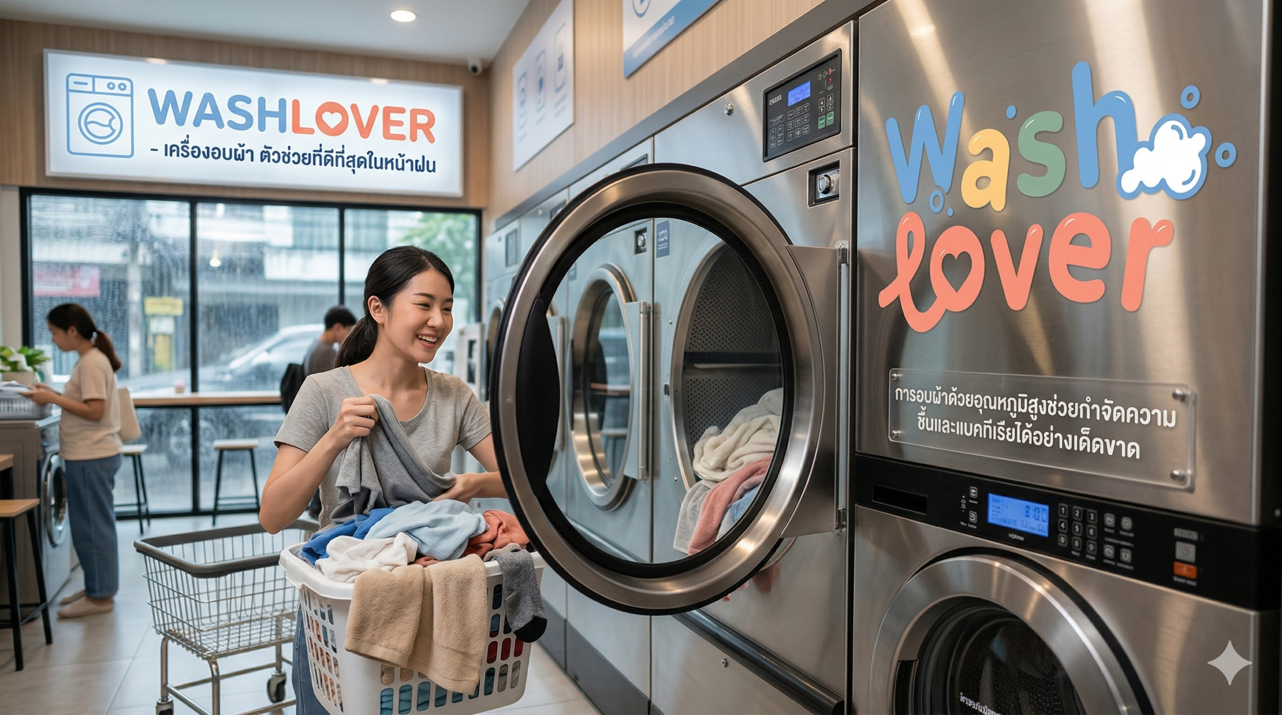 การใช้เครื่องอบผ้าขนาดใหญ่ที่ร้านสะดวกซักช่วยให้ผ้าแห้งสนิทและไร้กลิ่นอับช่วงหน้าฝน