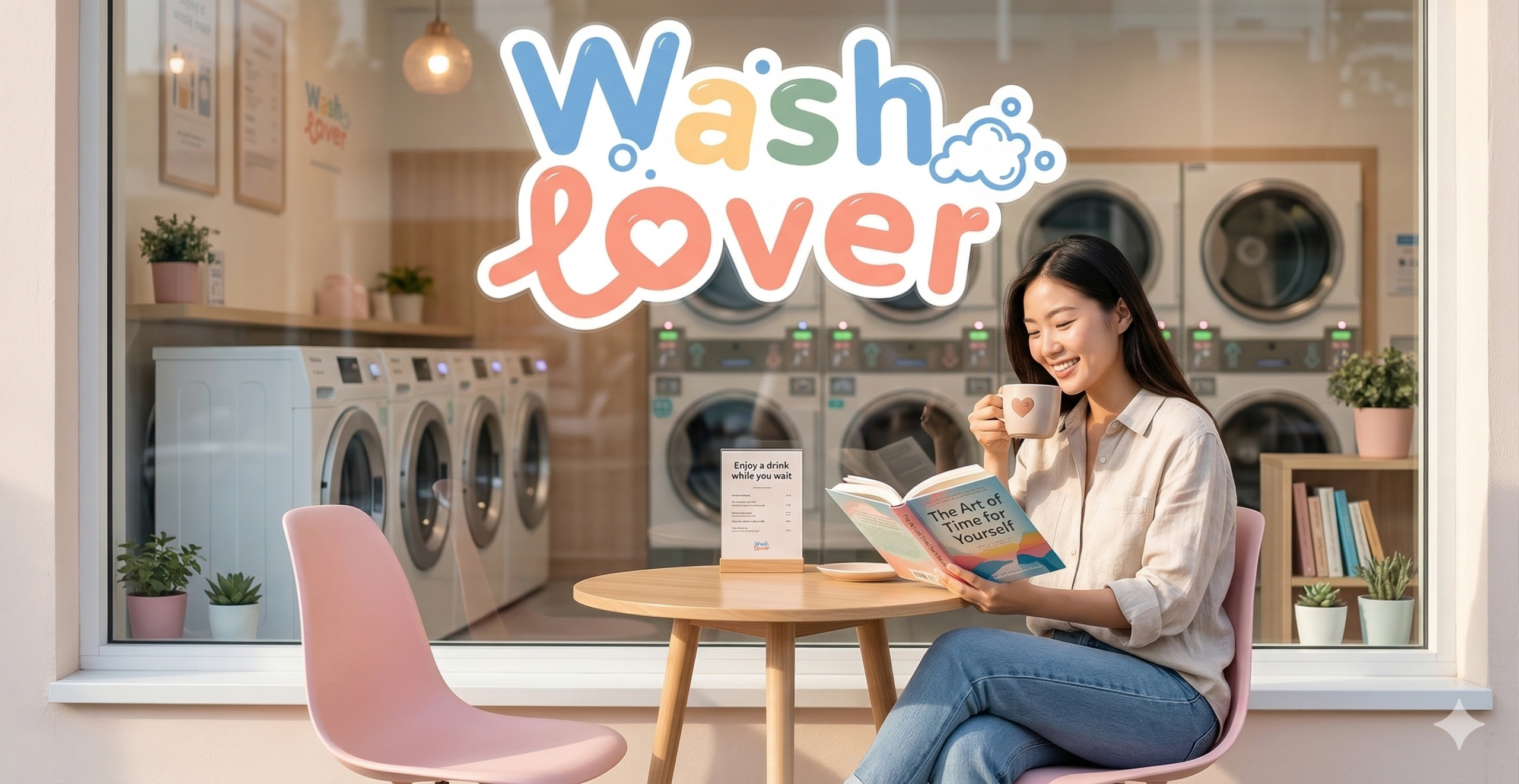 หญิงสาวนั่งอ่านหนังสือสบายๆ ระหว่างรอเครื่องซักผ้า สื่อถึงเทคนิค จัดสรรเวลาพักผ่อน