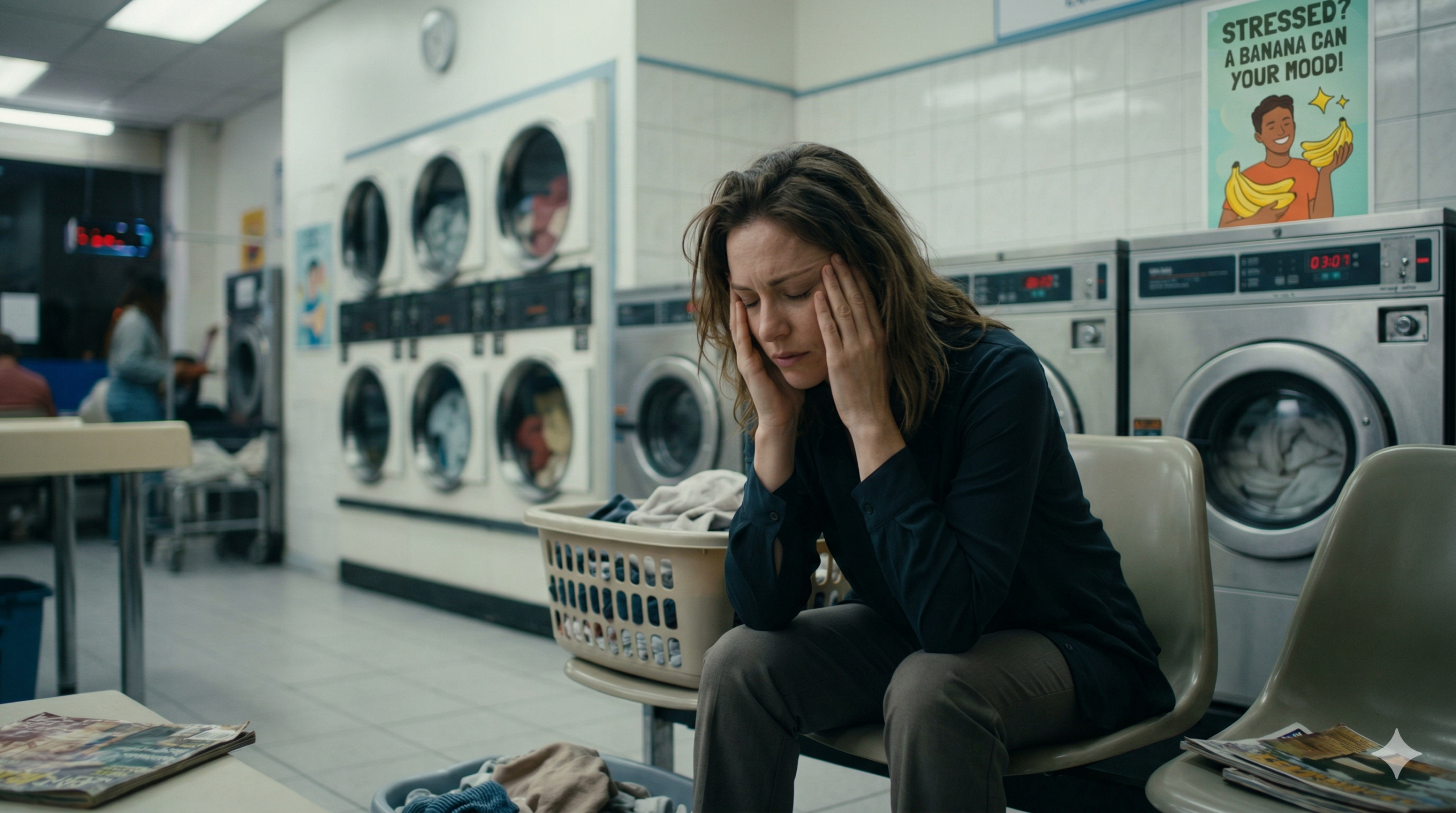 ผู้หญิงวัยทำงานรู้สึกเครียดขณะรอซักผ้า ต้องการตัวช่วยให้กินกล้วยอารมณ์ดี