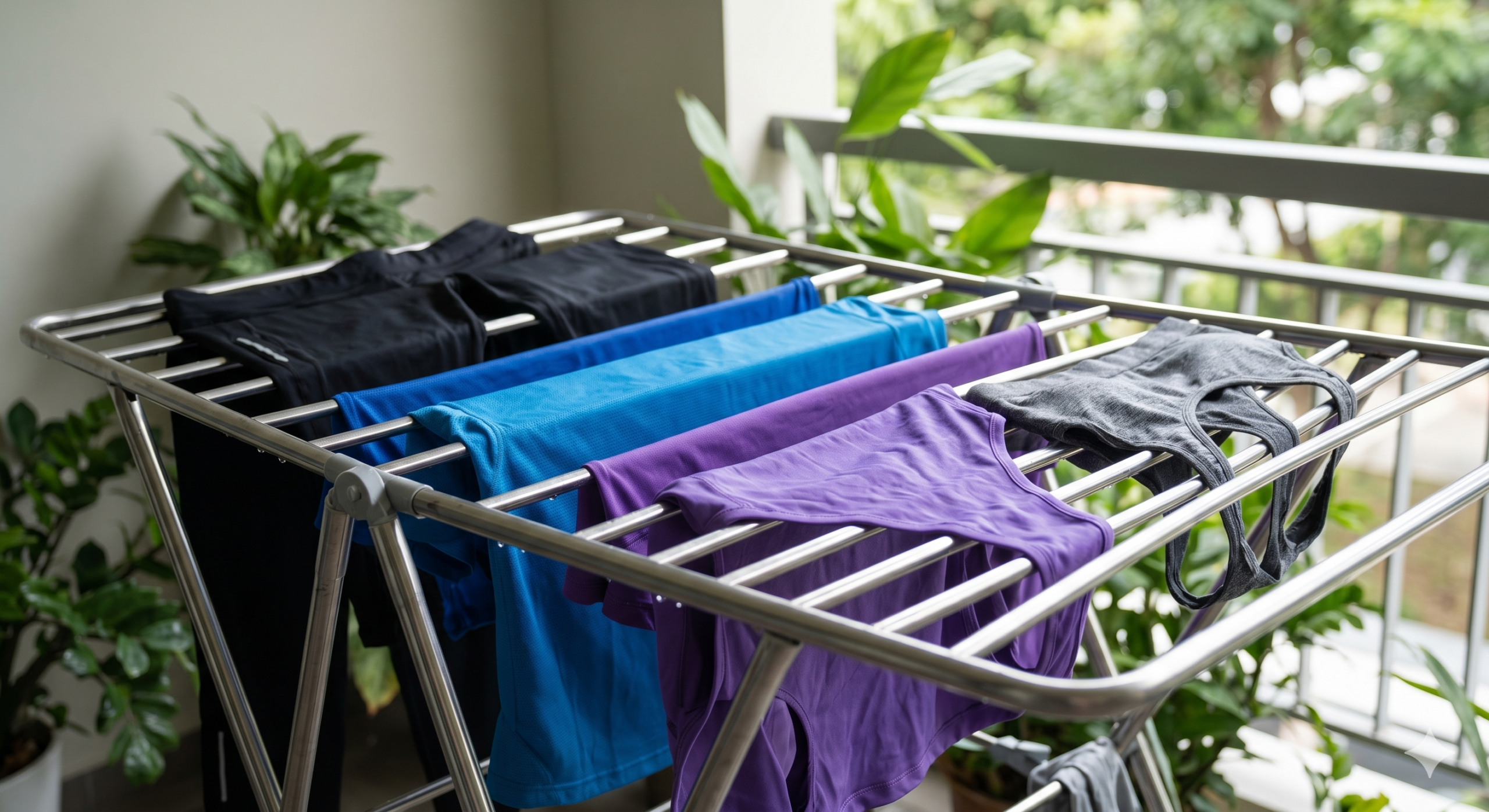 ารตากชุดออกกำลังกายแบบพาดแนวราบระนาบไปกับราวตากผ้าในที่ร่ม ลมพัดผ่าน