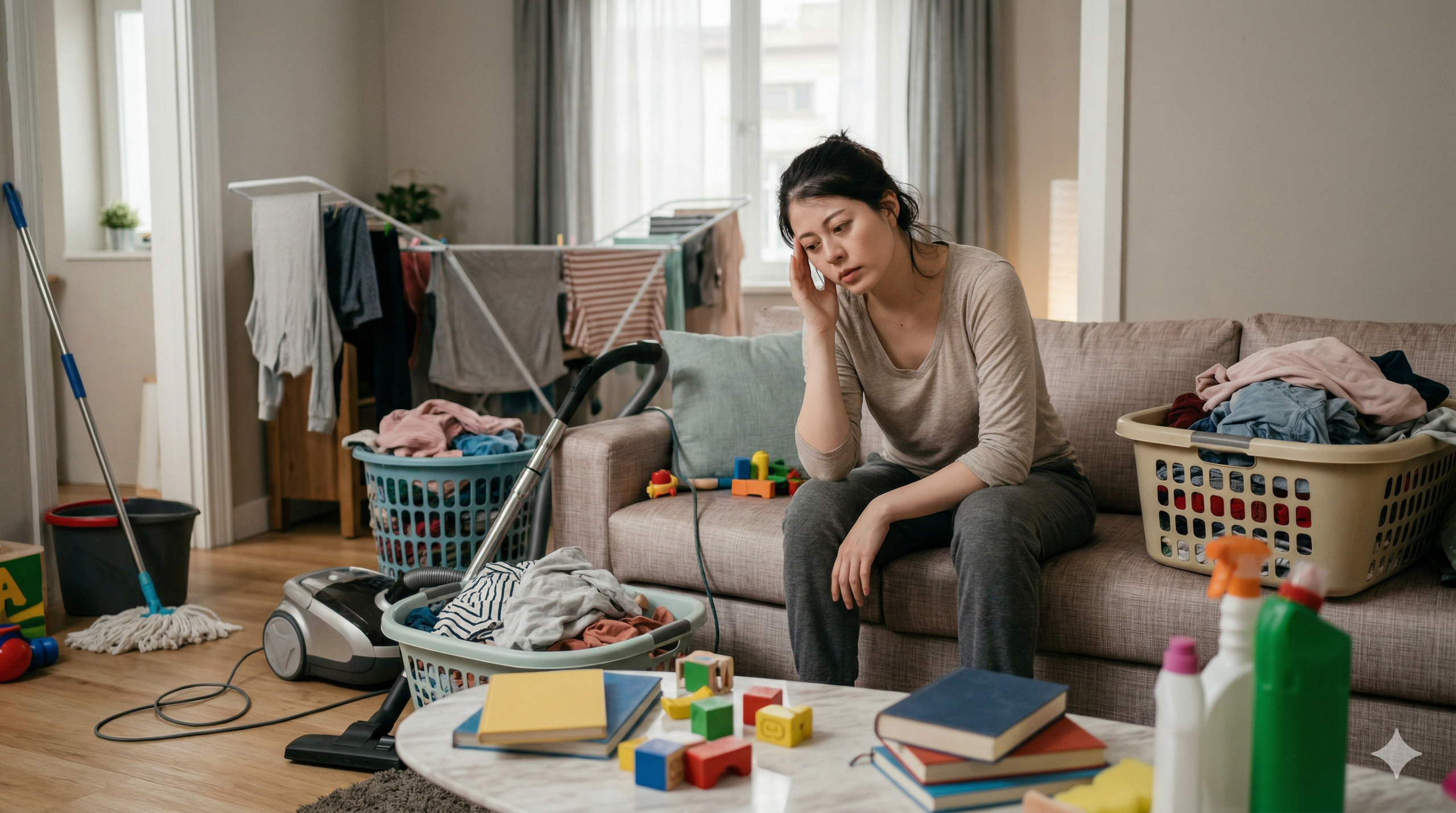 หญิงสาวรู้สึกเหนื่อยล้าท่ามกลางกองงานบ้าน ต้องการเทคนิค จัดสรรเวลาพักผ่อน
