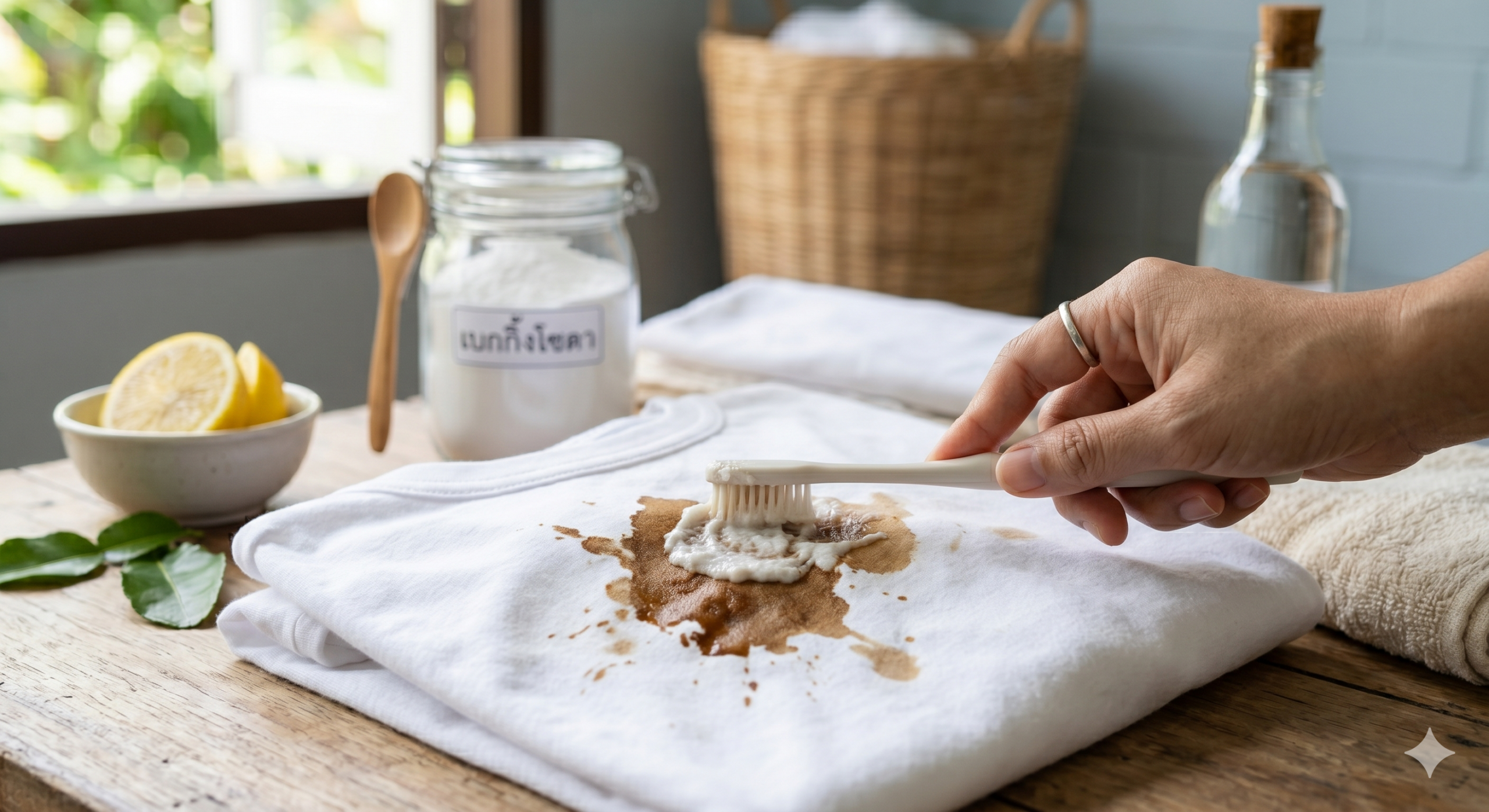 การป้ายน้ำยาทำความสะอาดเฉพาะจุดลงบนคราบกาแฟบนเสื้อขาว