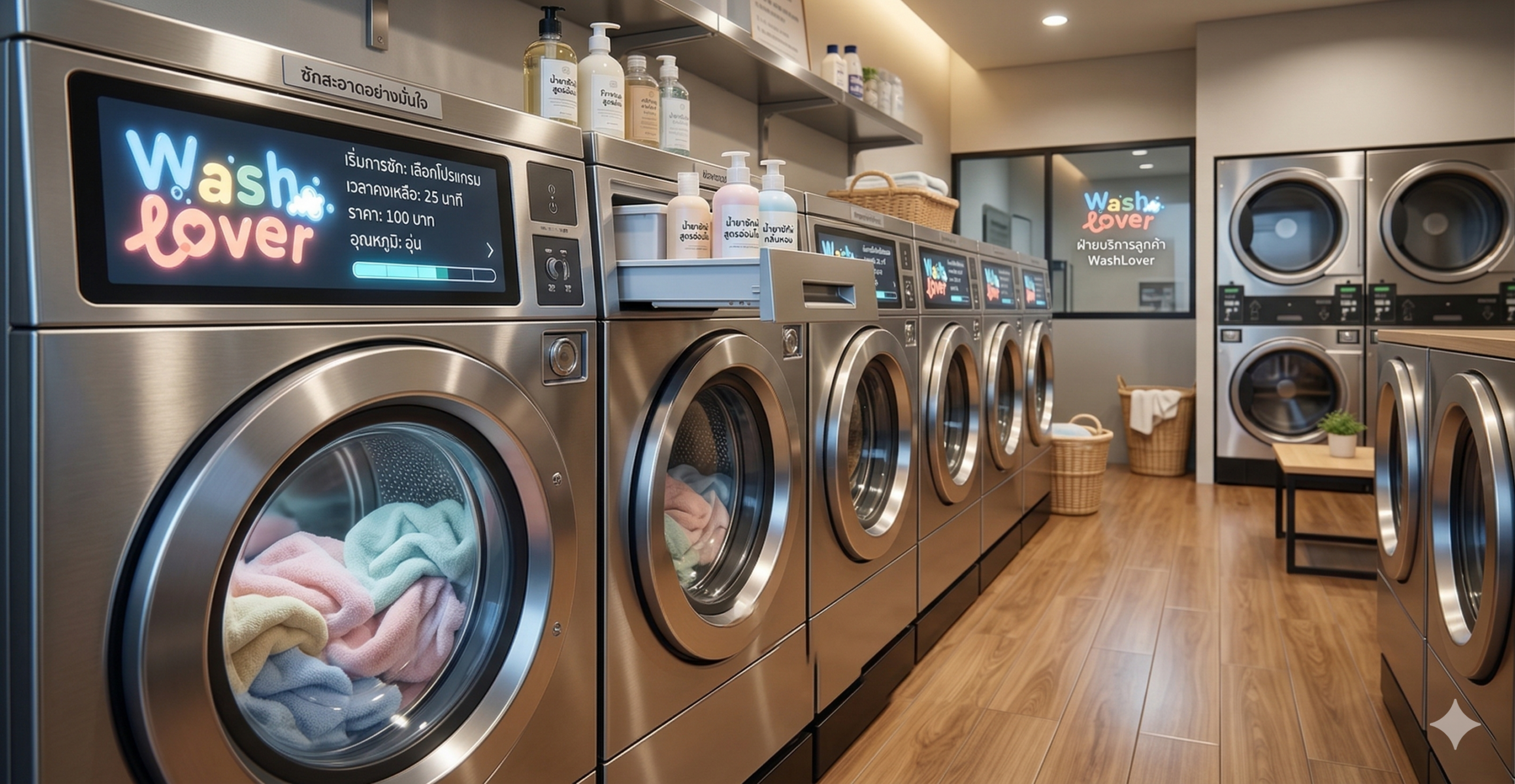 เครื่องซักผ้าและเครื่องอบผ้าอุตสาหกรรมในร้านสะดวกซัก WashLover