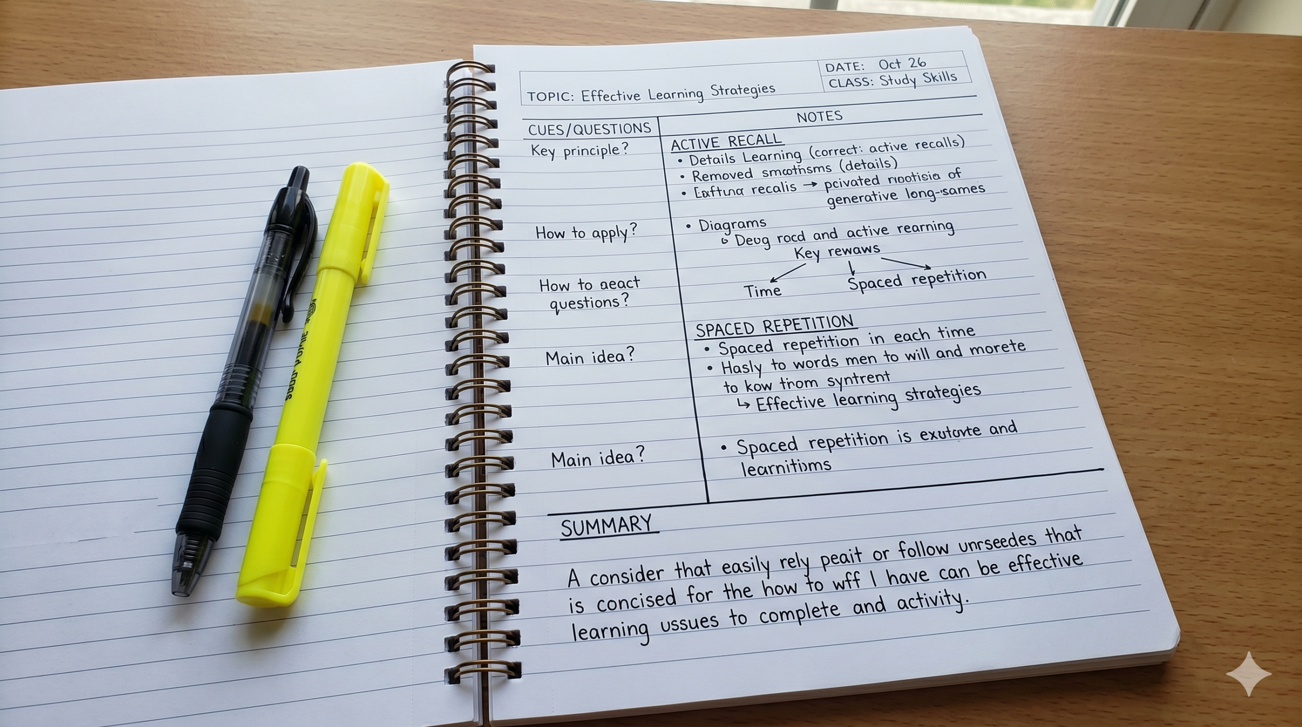 ตัวอย่างการแบ่งหน้ากระดาษจดโน้ตแบบ Cornell Method