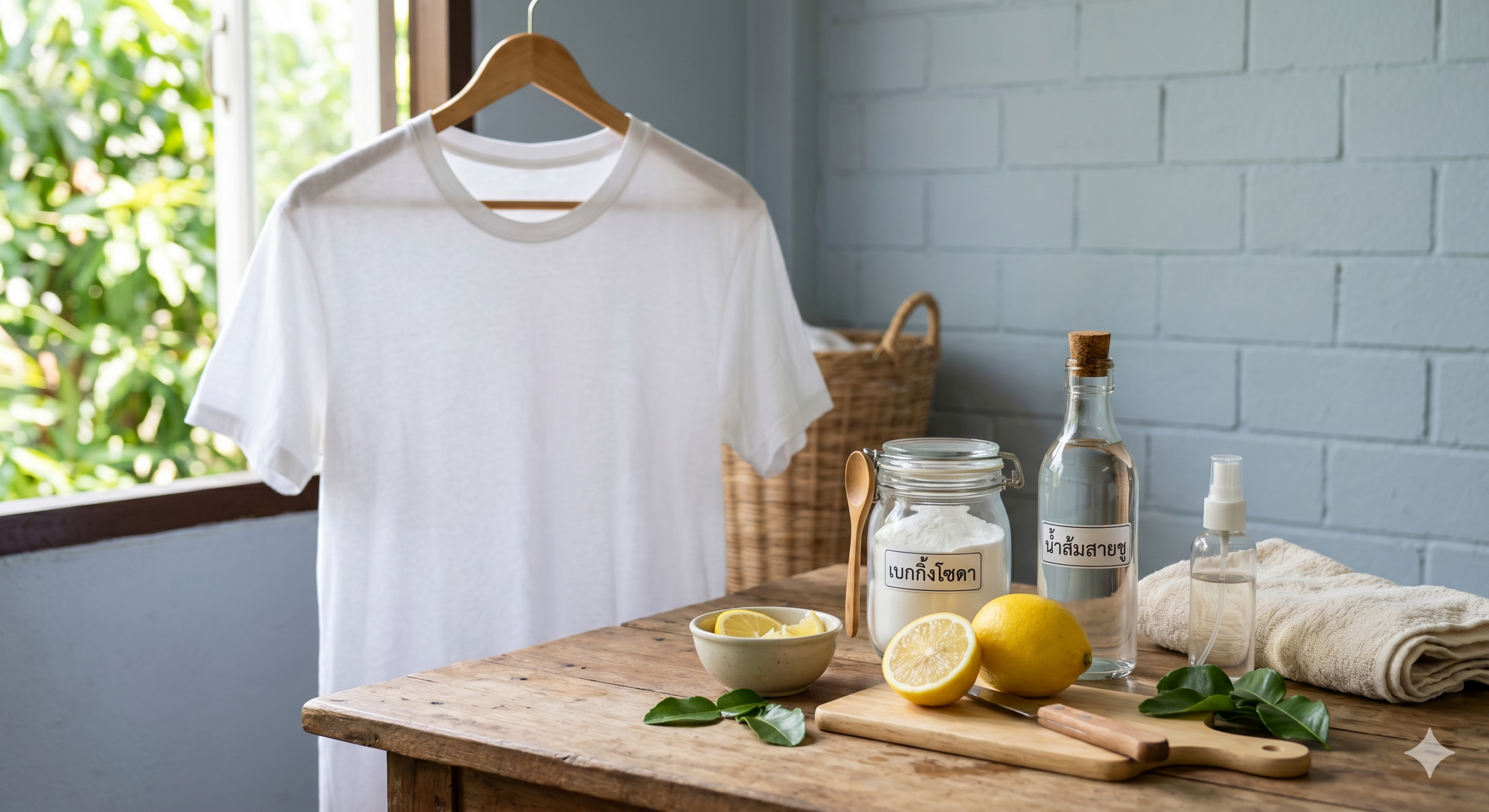 อุปกรณ์ก้นครัวอย่างเบกกิ้งโซดา น้ำส้มสายชู และมะนาว สำหรับซักผ้าขาว