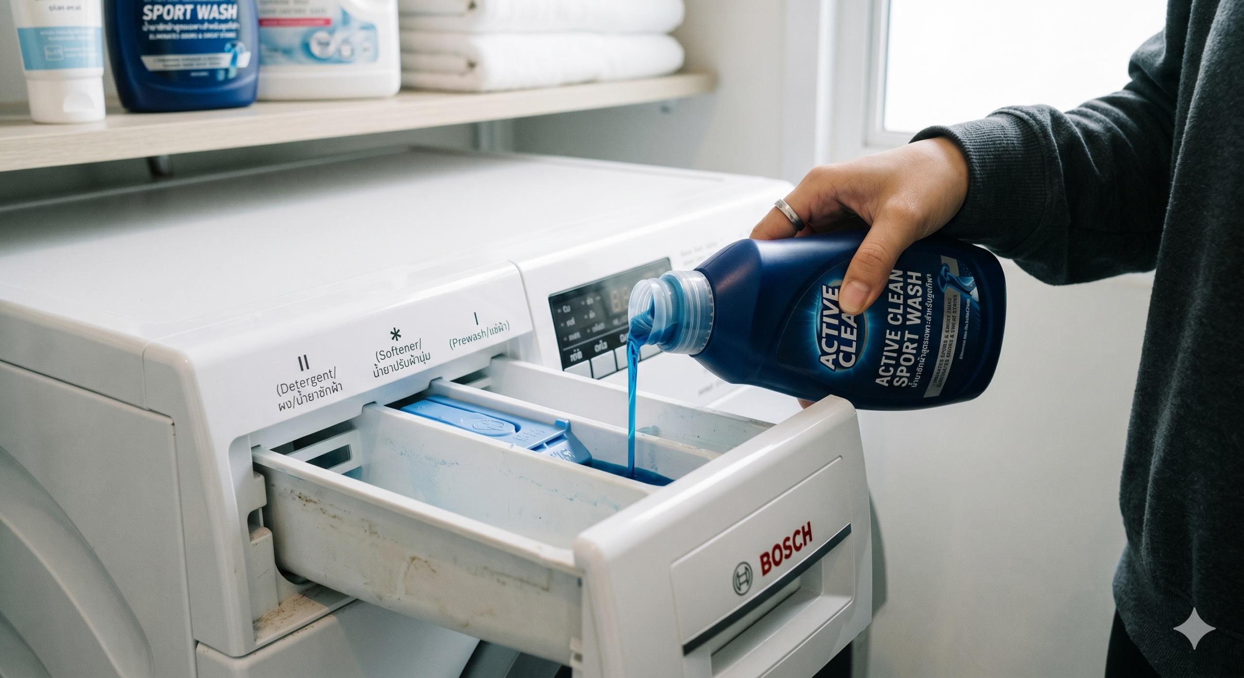 การเทน้ำยาซักผ้าสูตรเฉพาะสำหรับชุดกีฬาลงในช่องใส่ฝงซักฟอกของเครื่องซักผ้า