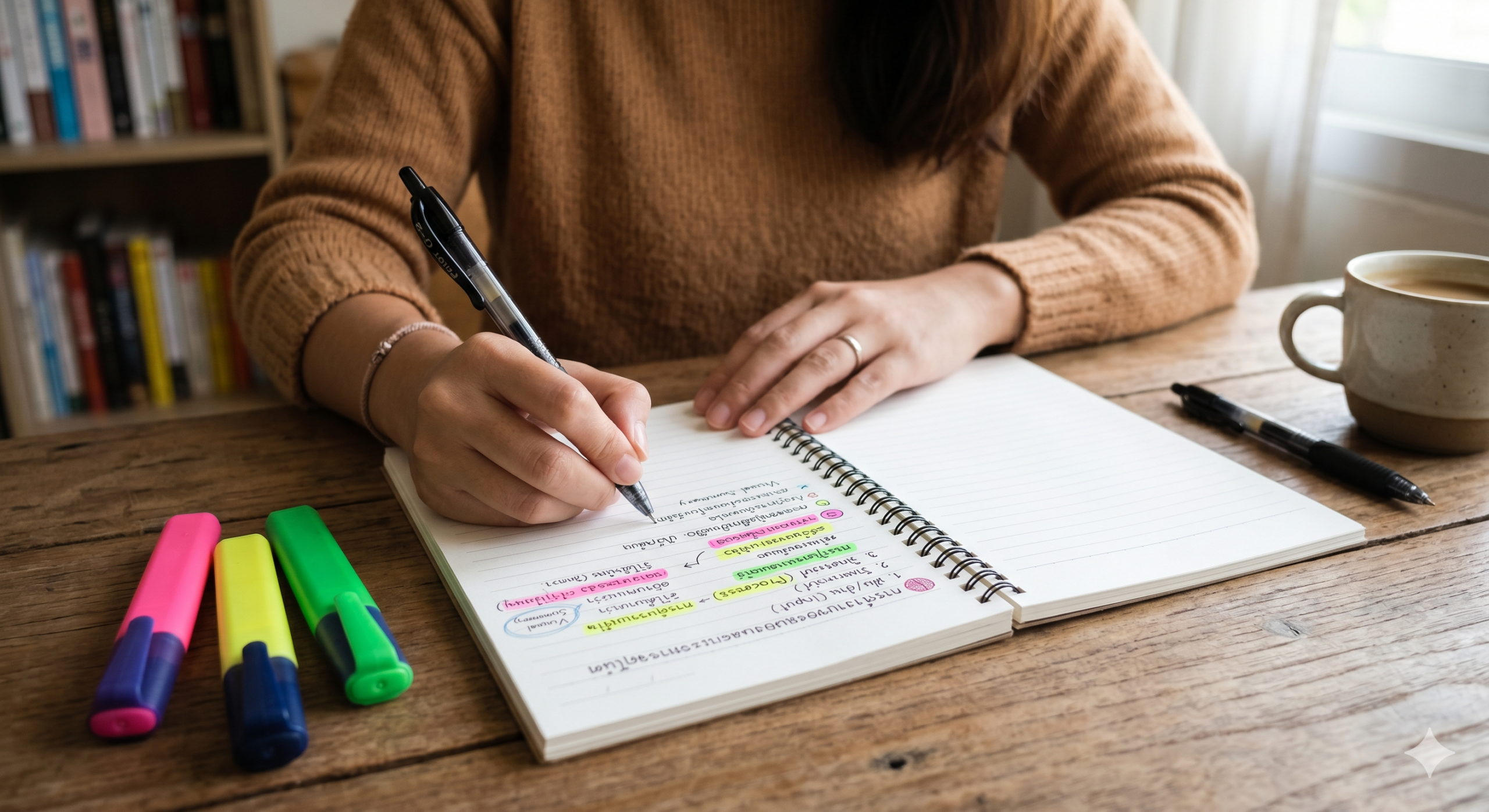 ภาพคนกำลังจดโน้ตด้วยมือลงในสมุดพร้อมไฮไลท์สีสันสดใส