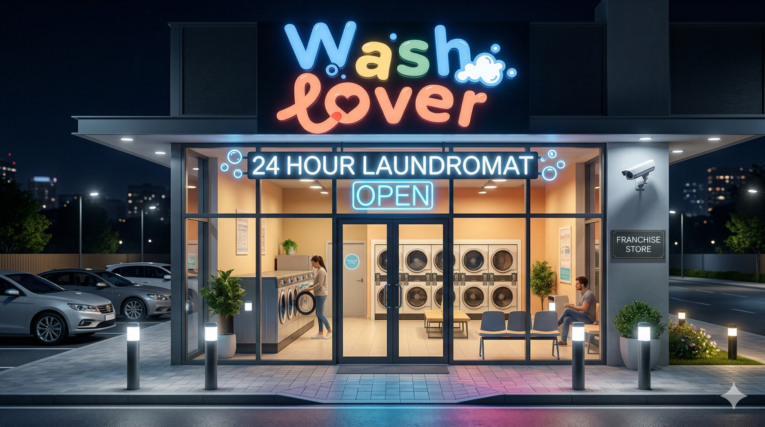 หน้าร้านแฟรนไชส์ร้านสะดวกซัก WashLover เปิดให้บริการ 24 ชั่วโมง