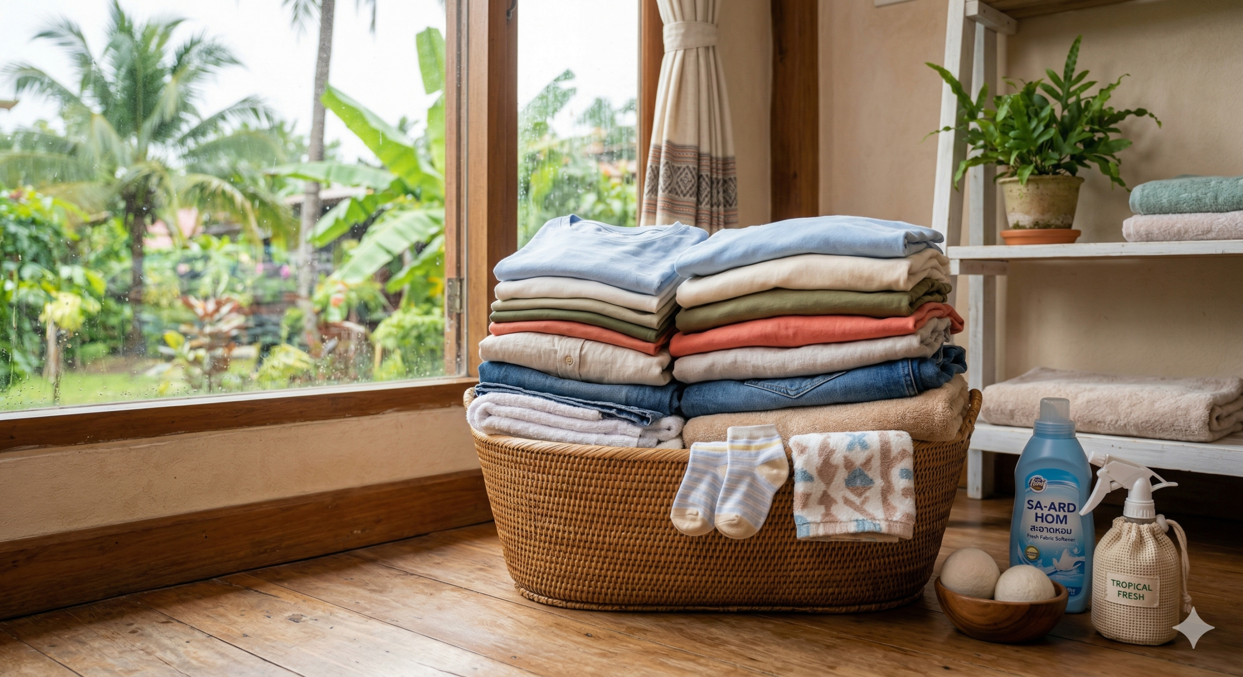 กองเสื้อผ้าที่พับอย่างเรียบร้อย หอมสะอาด แห้งสนิท ปราศจากกลิ่นอับ