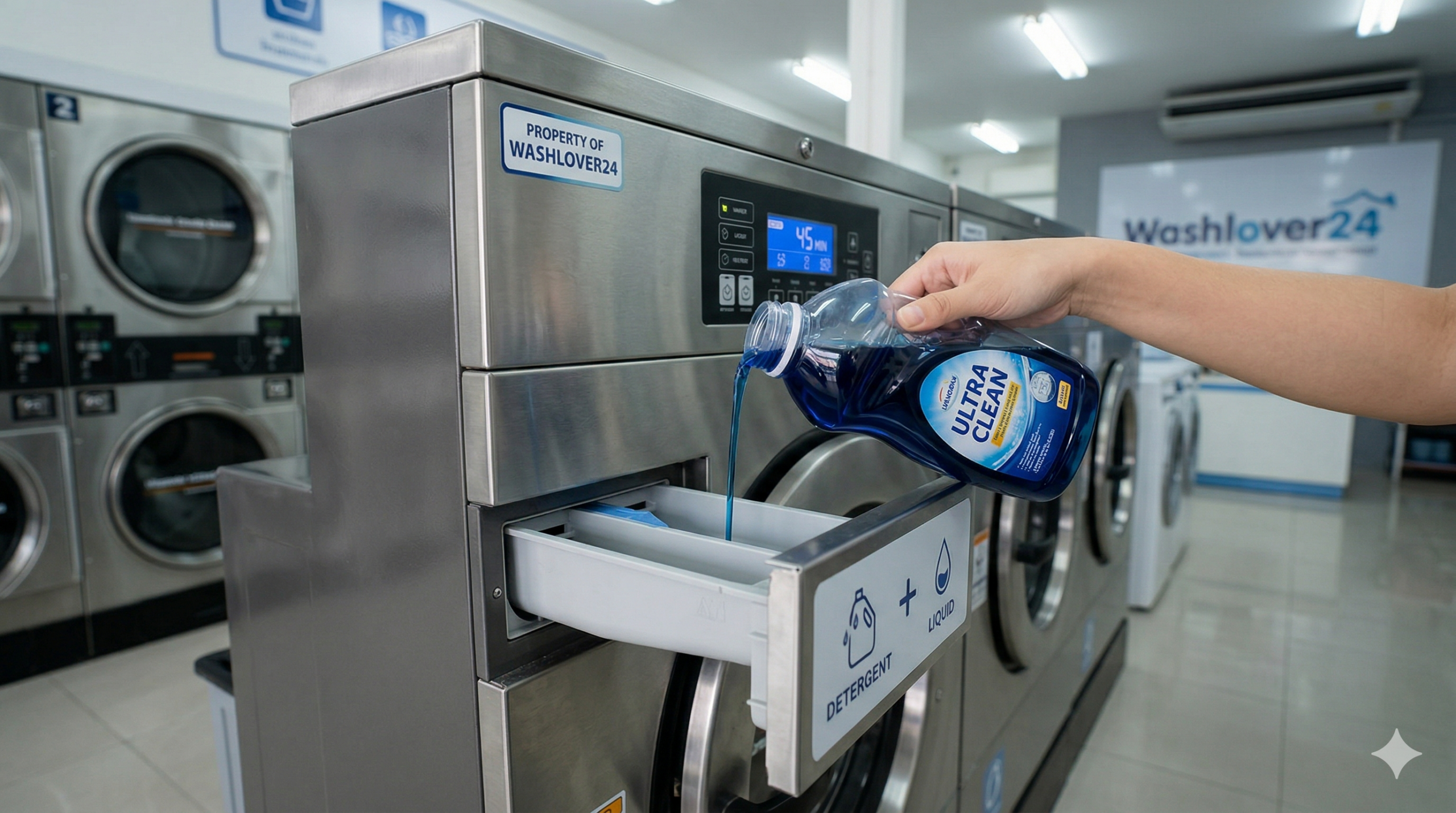 การเทน้ำยาซักผ้าลงในเครื่องซักผ้าอุตสาหกรรมที่ร้าน Washlover ช่วยให้ผ้าสะอาดหมดจด