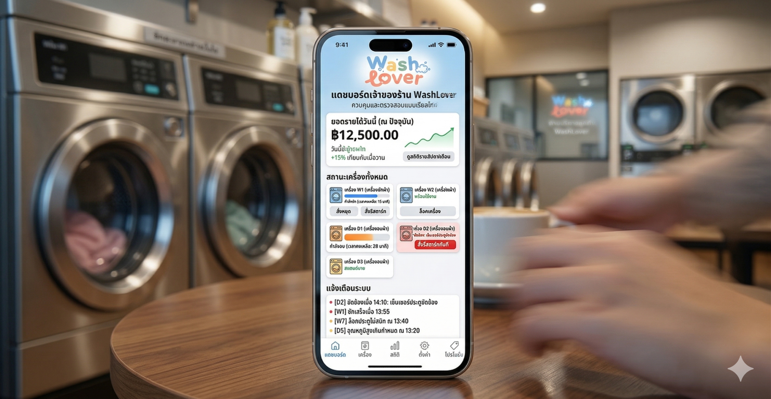 แอปพลิเคชันจัดการร้านสะดวกซัก WashLover เช็คยอดรายได้เรียลไทม์
