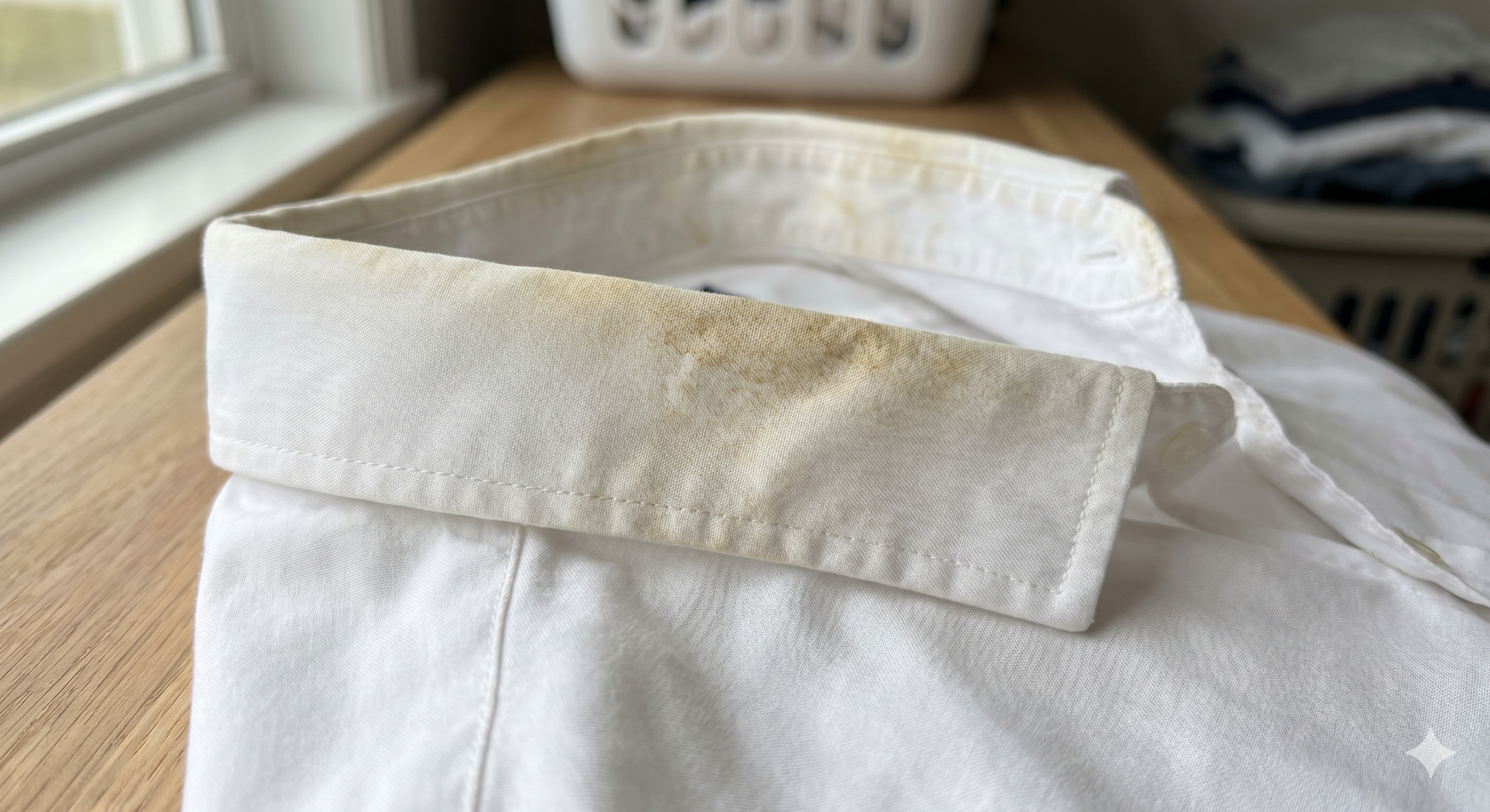 คราบเหลืองฝังลึกบริเวณคอเสื้อเชิ้ตสีขาว ปัญหาหลักที่ทำให้เสื้อดูหมอง