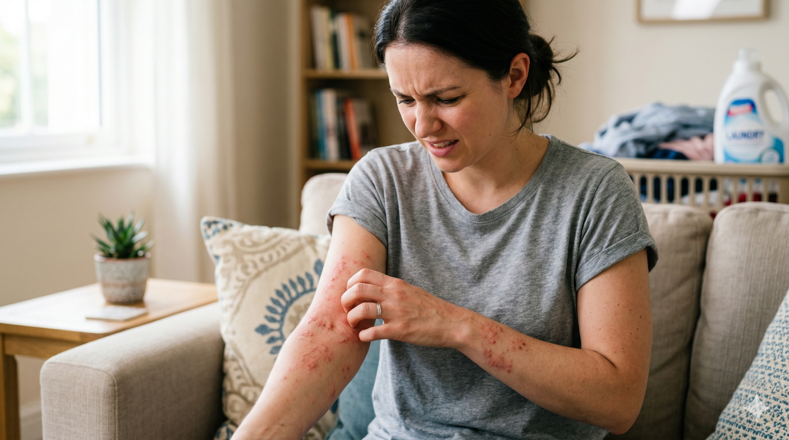 ผู้หญิงกำลังเกาแขนที่มีผื่นแดงจากอาการแพ้น้ำยาซักผ้า