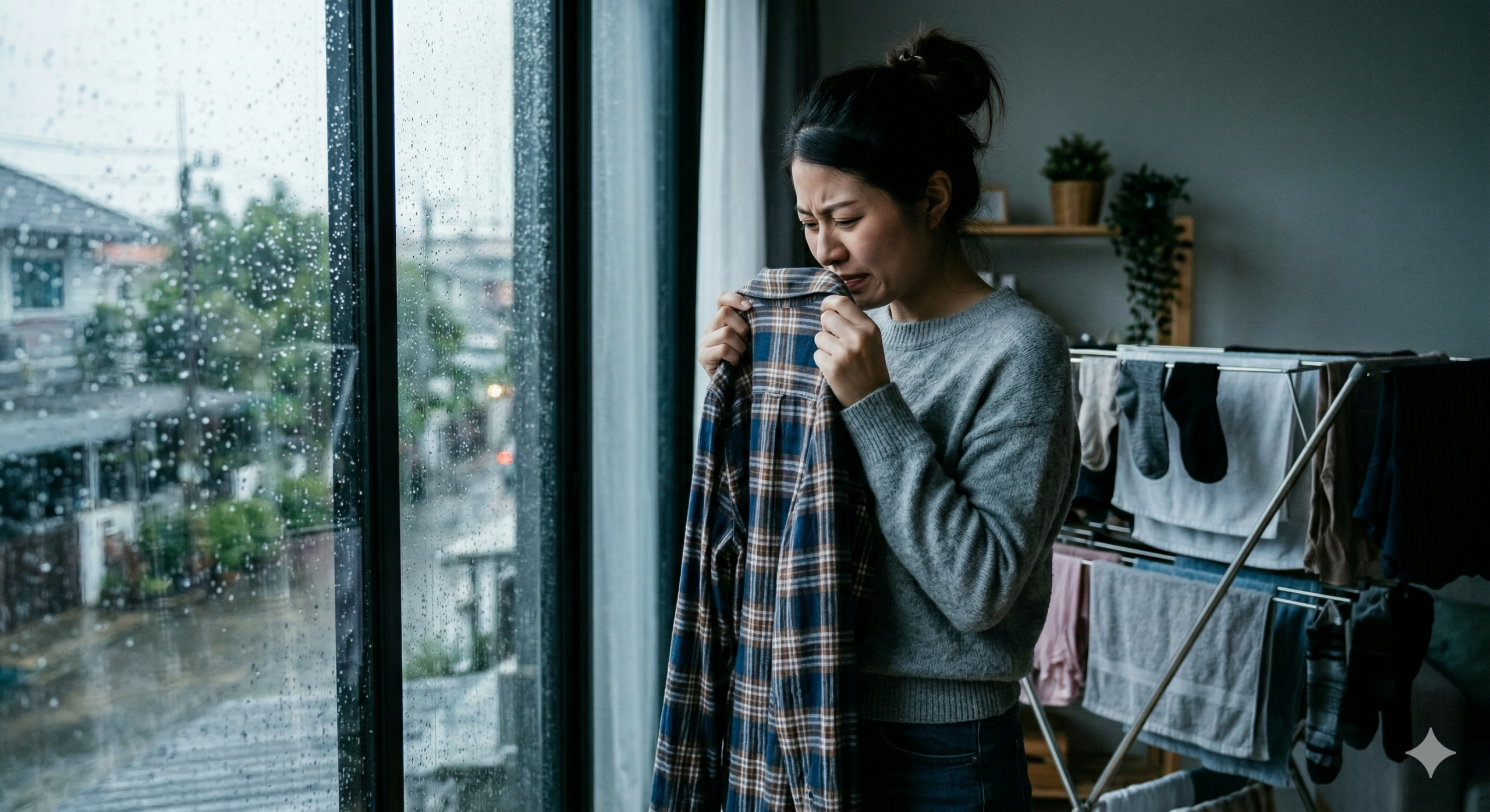 หญิงสาวกำลังดมเสื้อผ้าที่มีกลิ่นเหม็นอับชื้นพร้อมสีหน้ากังวลใจช่วงหน้าฝน